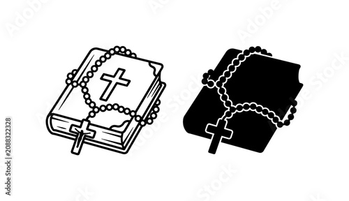 Quadro su tela Christian Rosary Beads on Bible, Religious Symbol Vector Icons