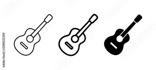 Quadro su tela Acoustic Guitar Icons: Outline, Line Art, Solid Black Vector Set