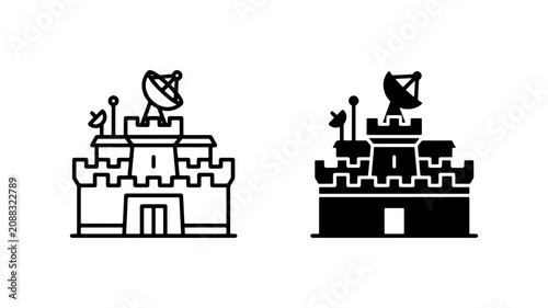 Obraz na plátně Fortress Communication Icons, Satellite Dish Building Symbols, Military Outpost