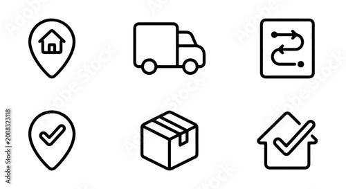 фотографія Delivery Icons Set: Location, Truck, Route, Package, Checkmark