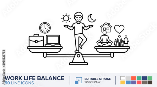 Professional work life balance icon showing scales weighing career and personal wellbeing in minimalist thin line vector style with editable stroke for corporate wellness illustration