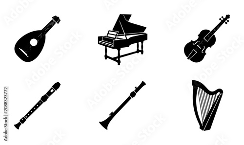 Schilderij op canvas Musical Instruments Vector Icons Set, Classical & Folk Music Symbols