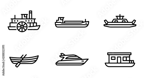 Quadro su tela Set of 6 Watercraft Icons: Steamboat, Barge, Ferry, Rowboat, Yacht, Houseboat