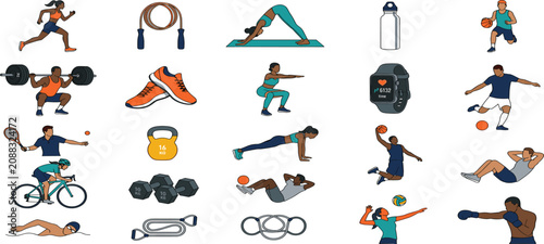 Cuadro en lienzo Fitness sport and gym workout icon set with athletes training and healthy lifest