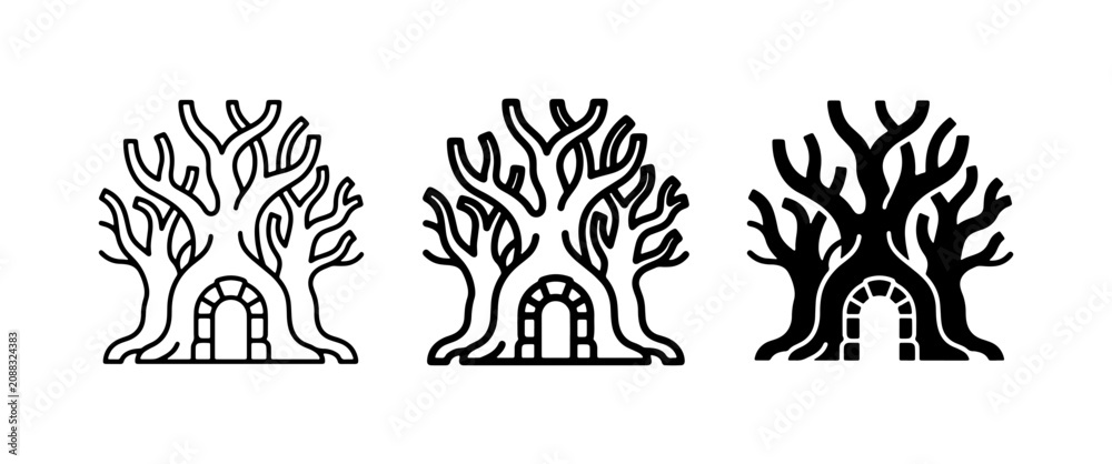 Obraz premium Enchanted Tree House Icons, Fantasy Forest Dwelling Vector Set