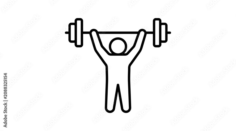 Fototapeta premium Minimalist black outline vector icon of an athletic person lifting a heavy weight barbell overhead, symbolizing physical strength, bodybuilding power, weightlifting achievement, and fitness health.