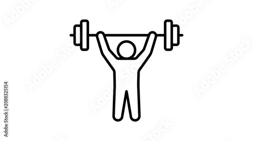 Minimalist black outline vector icon of an athletic person lifting a heavy weight barbell overhead, symbolizing physical strength, bodybuilding power, weightlifting achievement, and fitness health.