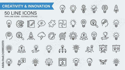 Minimalist thin line icon set representing creative innovation, strategic brainstorming, smart thinking, and bright ideas with editable stroke lightbulb symbols for modern graphic design.