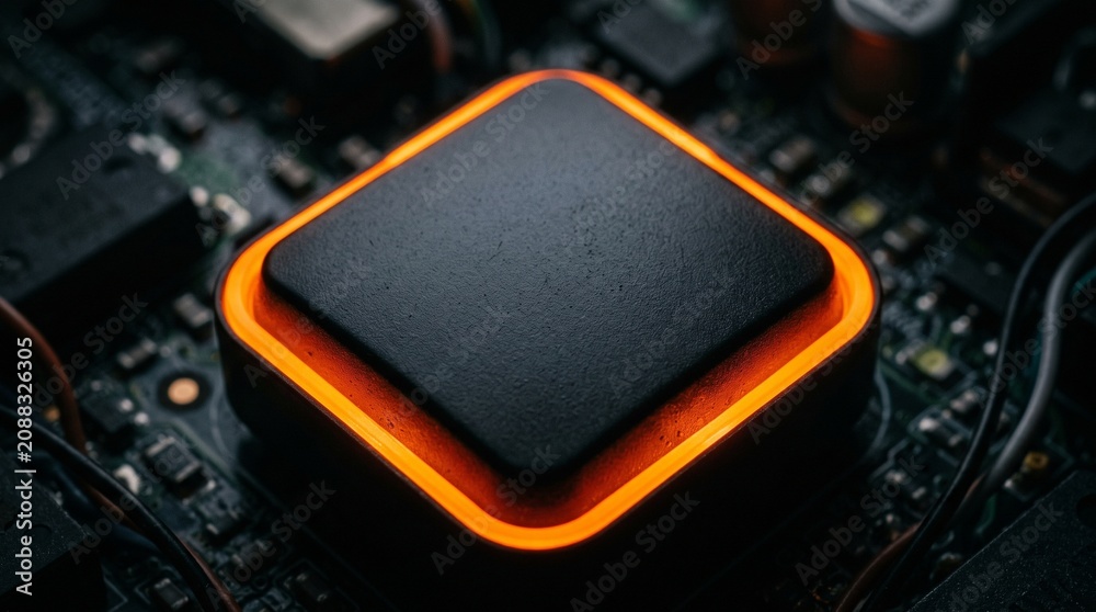 Fototapeta premium Glowing Orange Electronic Component on Dark Circuit Board