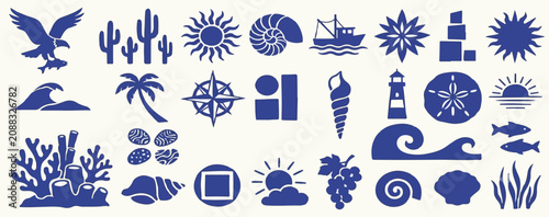 Boho summer set. Naive geometric palm tree, sun, sea, waves and corals for icon, collage. Tropical retro surf prints, summer beach label or naive vignetting hand drawn isolated vector illustration.