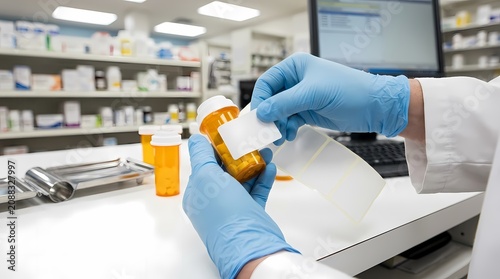 Pharmacist Wearing Protective Gloves Applying A Patient Prescription Label Onto An Orange Medication Bottle In A Pharmacy