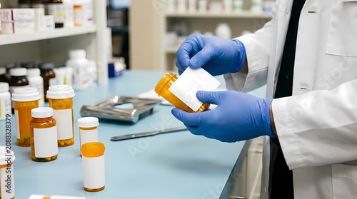 Professional pharmacist meticulously labels a prescription bottle, ensuring accuracy and patient safety in a well-stocked medical dispensary or retail pharmacy setting