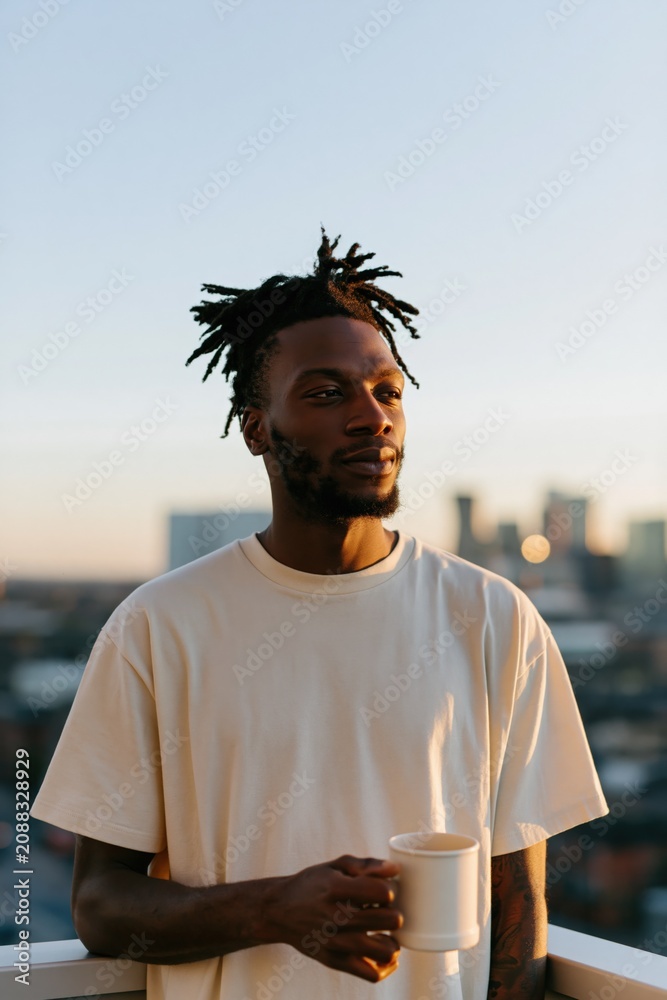 Fototapeta premium Man holding a white mug on a balcony with a blurred city skyline at sunset for urban lifestyle background and contemplative rooftop scene