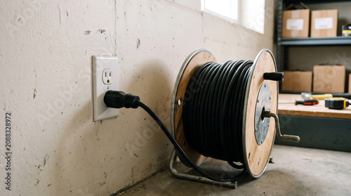 Heavy Duty Extension Cord Rolled on a Wooden Spool Plugged into a Wall Power Outlet for Work