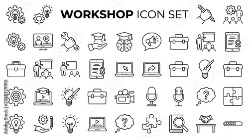 Comprehensive professional flat thin line icon set representing educational workshop training session development skill and digital elearning platform concepts for academic creativity studies