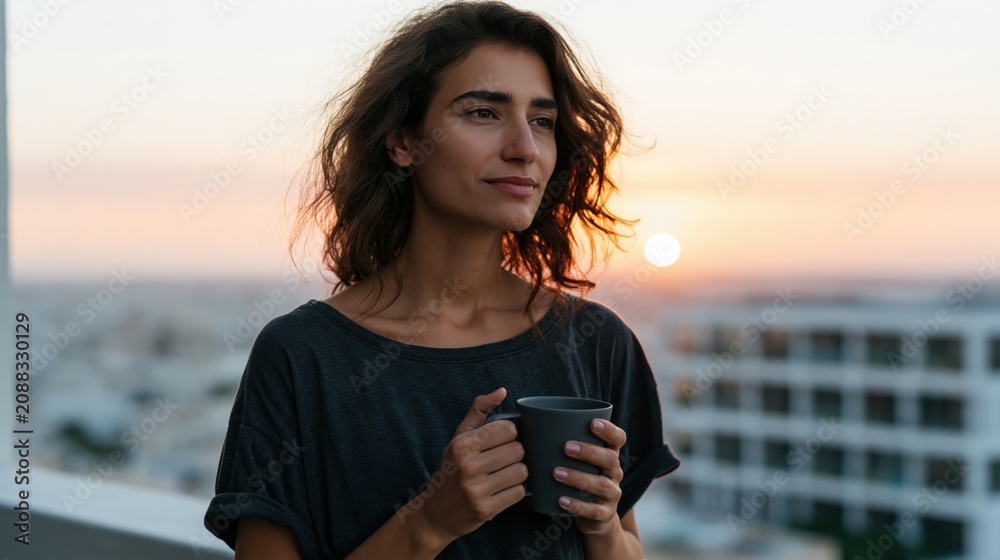Fototapeta premium Young woman holding a mug on a balcony with sun over the city at sunset cozy portrait for evening background banner and design