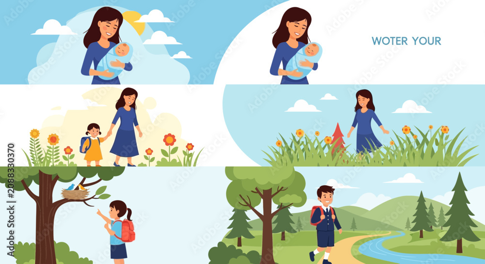 Fototapeta premium Children planting tree in sunny park with birds and flowers.