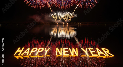 Vibrant fireworks and Happy New Year text reflected on water during a festive midnight celebration