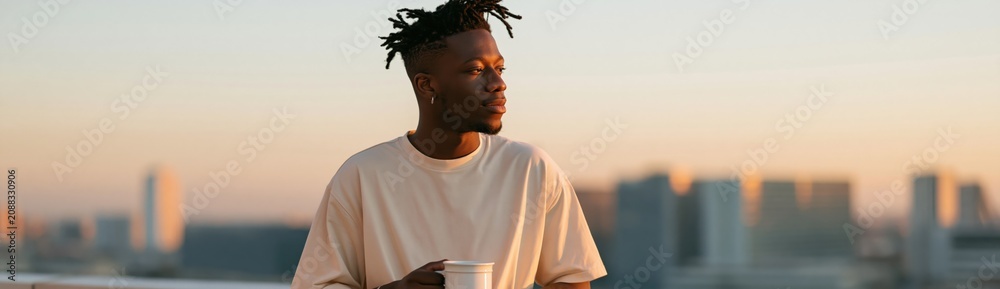 Fototapeta premium Young man with dreadlocks drinking coffee on rooftop at golden hour background for lifestyle banner and social media design