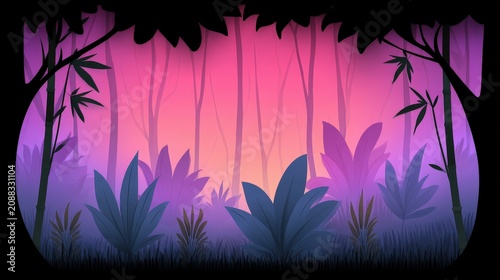 Colorful Jungle Sunset Landscape with Silhouetted Trees and Foliage