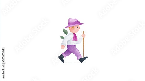 Child Drawn Illustration of Elderly Woman Walking with Cane and Hat