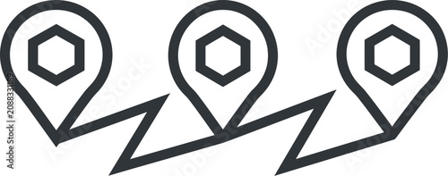 Map markers connected by a jagged line illustrate a travel itinerary or a logistical route across multiple strategic locations.