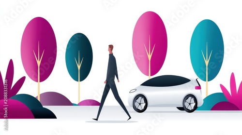 Modern autonomous electric car parked in a futuristic natural environment with trees and flowers