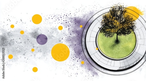 Artistic Illustration of a Tree with Circular Frame and Color Splash Effects