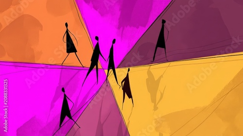 Abstract Illustration of People Walking on Geometric Colorful Shapes with Shadows