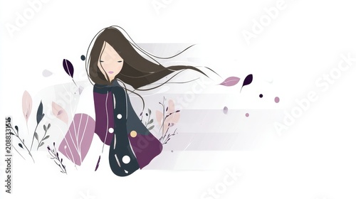 Elegant woman with flowing hair surrounded by floral elements and pastel colors in artistic illustration