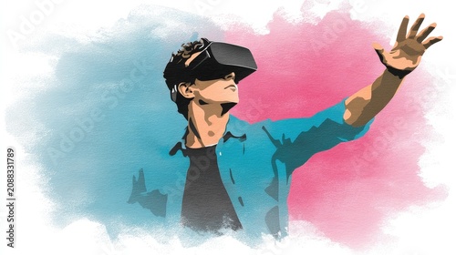 Young Man Using Virtual Reality Headset with Hand Outstretched, Technology Concept