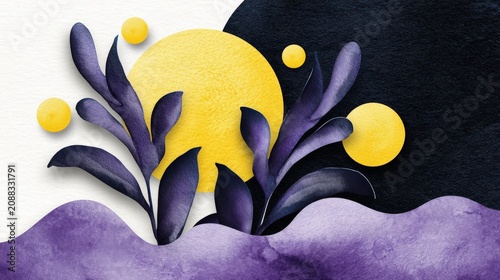 Artistic Abstract Illustration with Geometric Shapes and Plant Elements