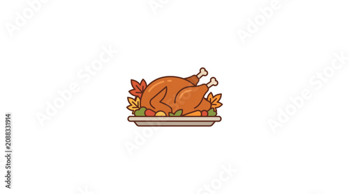 Roasted Turkey Dinner with Autumn Leaves - Flat Illustration