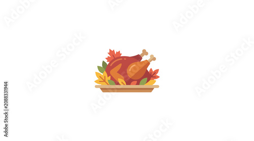Roasted Turkey Dinner with Autumn Leaves - Thanksgiving Celebration Food