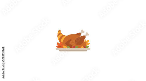 Roasted Turkey Dinner with Autumn Leaves - Thanksgiving Holiday Food Icon