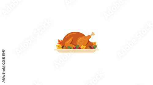 Roasted Turkey Dinner with Autumn Leaves and Berries on a Platter