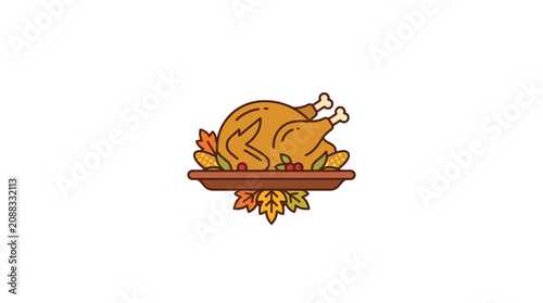 Roasted Turkey Dinner with Autumn Leaves and Corn - Thanksgiving Icon