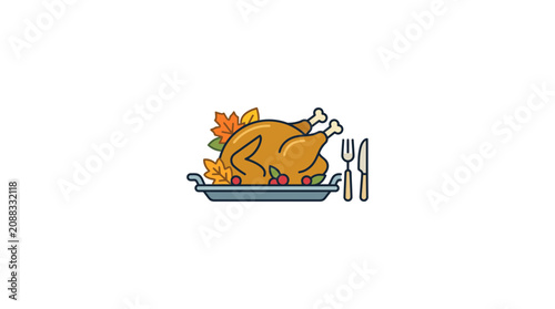 Roasted Turkey Dinner with Autumn Leaves and Cranberries - Thanksgiving Feast Icon