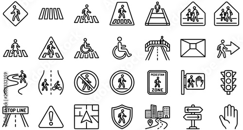 Foto Pedestrian Crossing and Walkway Signs Set of 28 Outline Traffic Safety Vector Ic