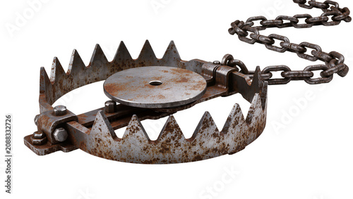 Картината върху платно Rusted metal bear trap with sharp teeth and metal chain, isolated on transparent