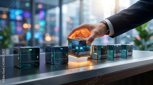 Business Professional Arranging Futuristic Digital Data Cubes