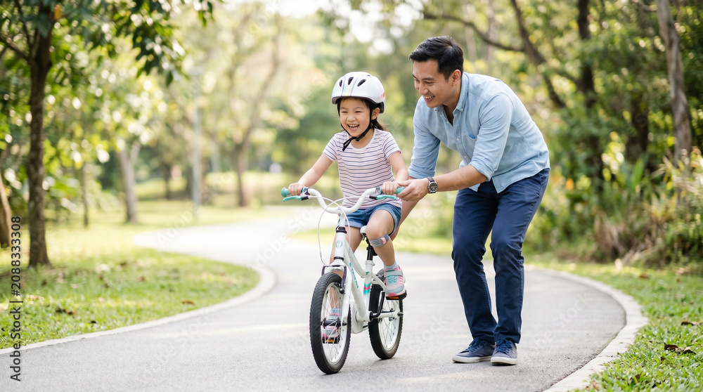 Obraz premium Father helping daughter learn to ride bicycle on sunny park path