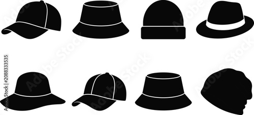 Bild auf Leinwand Hats and caps silhouette vector icons set featuring baseball cap panama fedora a