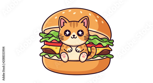 Cute Orange Tabby Kitten Sitting Inside a Delicious Cheeseburger Illustration for Kawaii Style Graphic Design Projects