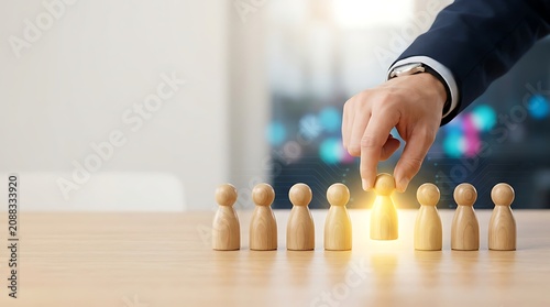 Business executive selecting a leader from a group of wooden figures
