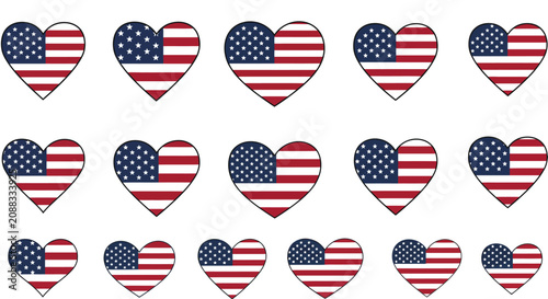 Collection of heart shapes featuring the United States American flag pattern for patriotic and celebratory designs