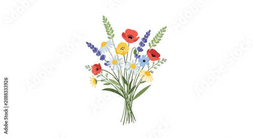 Beautiful Hand Drawn Bouquet Featuring Colorful Wildflowers and Botanical Elements for Floral Design