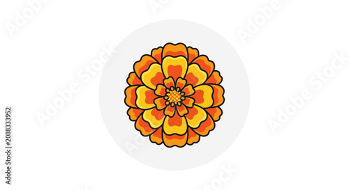 Stylized Orange and Yellow Marigold Flower Vector Illustration Icon on a Circular Background