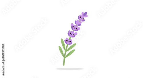 Cute kawaii lavender flower illustration with happy smiling faces on purple petals, isolated on white background