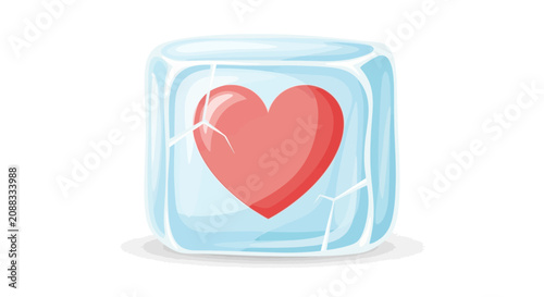 Red Heart Symbol Trapped Inside a Cracked Blue Ice Cube Representing Cold Feelings and Frozen Emotions